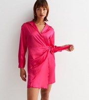 New Look Cameo Rose Bright Pink Satin Long Sleeve Mini Wrap Dress